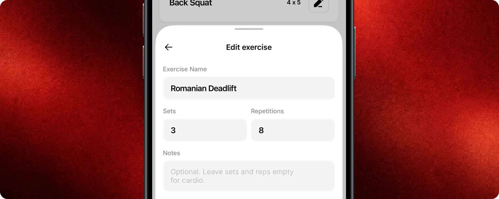 Adding an exercise with sets, reps and a note