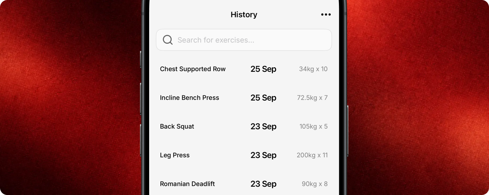 The History tab with every logged set
