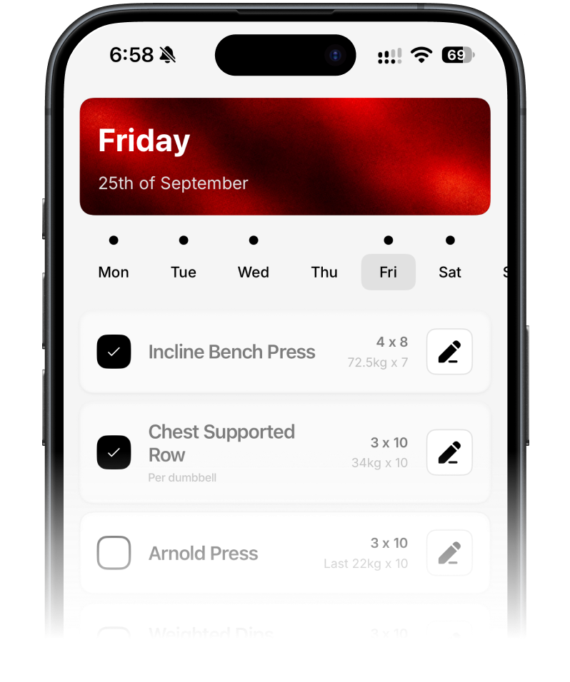 Rapidd's Home screen on an iPhone, showing Friday's workout with two exercises ticked off